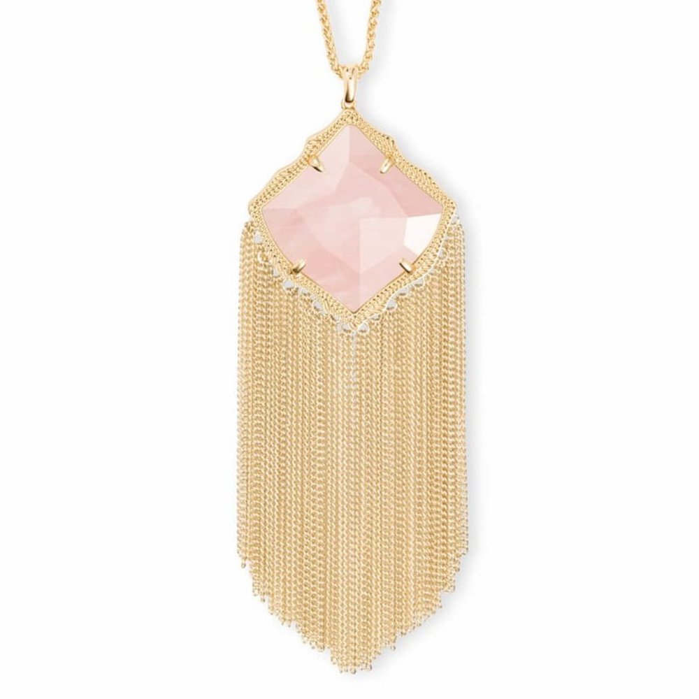NWT Kendra Scott Kingston Gold Long Pendant Necklace In Rose Quartz